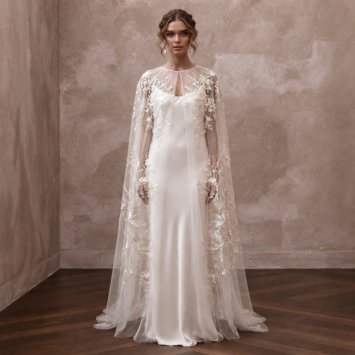 Romantic Ivory Embroidered Tulle Cape & Slip for Vow Renewal - Apparel & Accessories > Clothing > Wedding & Bridal Party Dresses > Wedding Dresses - Mignonette Bridal Main image