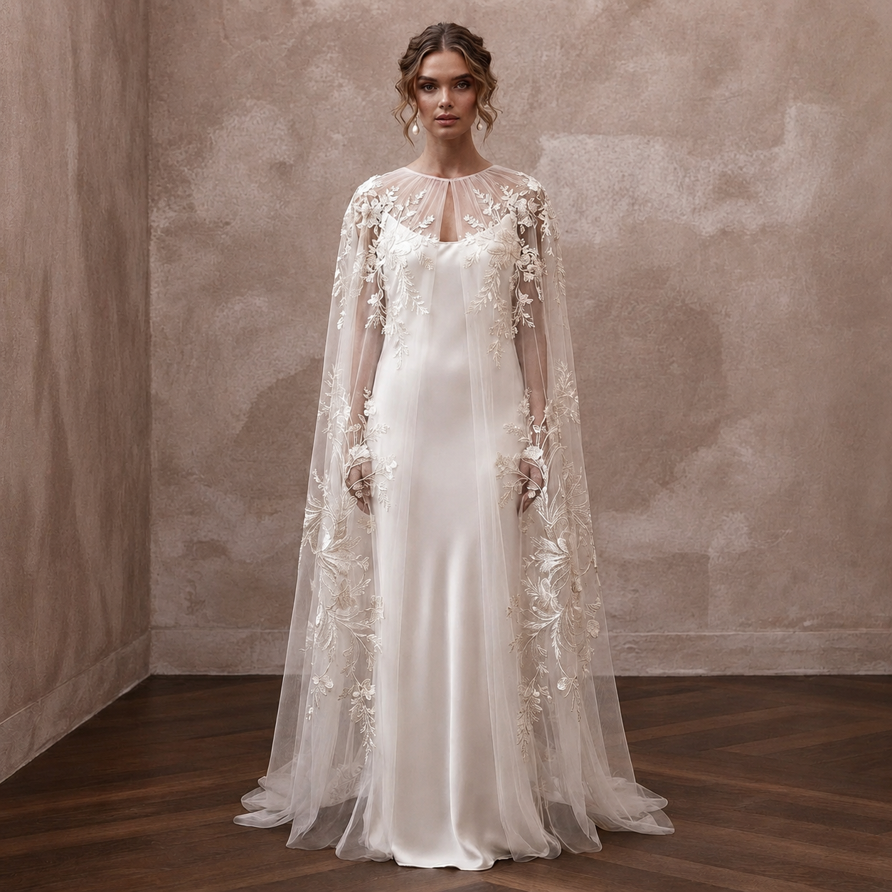 Romantic Ivory Embroidered Tulle Cape & Slip for Vow Renewal