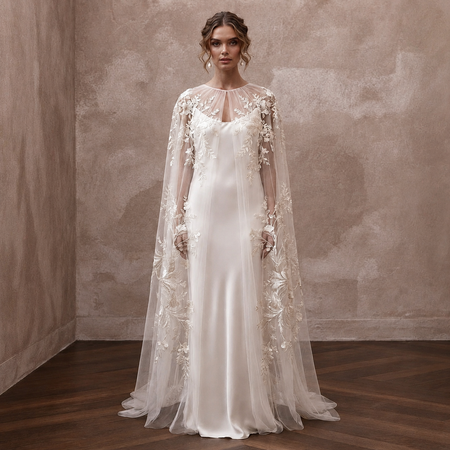 Romantic Ivory Embroidered Tulle Cape & Slip for Vow Renewal