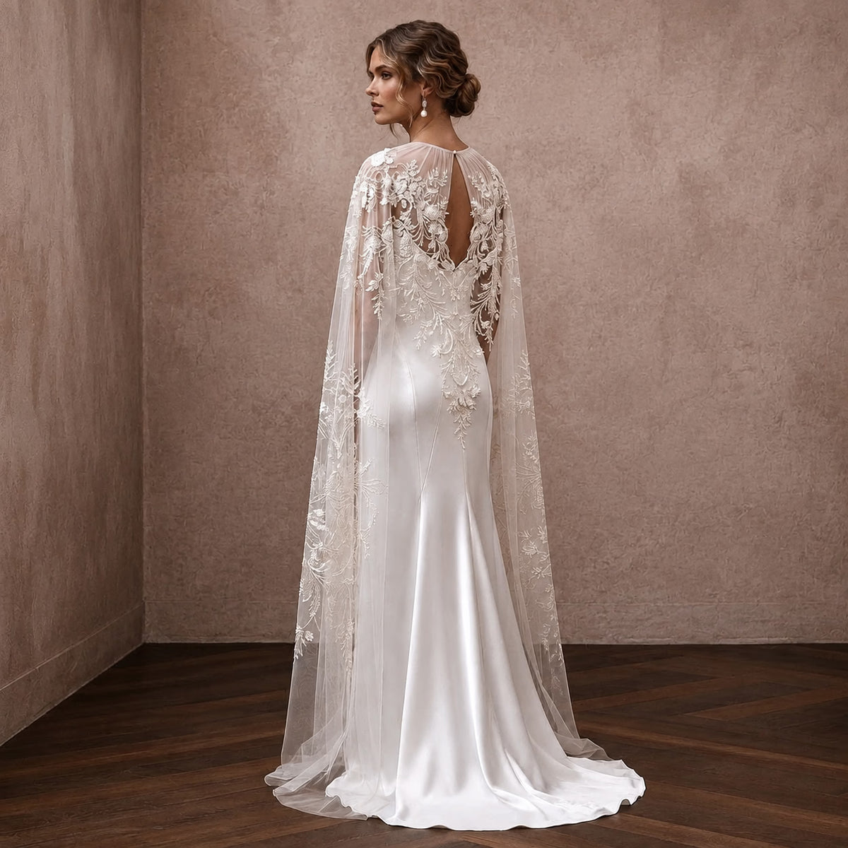 Romantic Ivory Embroidered Tulle Cape & Slip for Vow Renewal - Apparel & Accessories > Clothing > Wedding & Bridal Party Dresses > Wedding Dresses - Mignonette Bridal