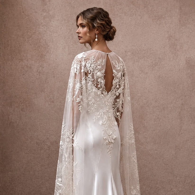 Romantic Ivory Embroidered Tulle Cape & Slip for Vow Renewal - Apparel & Accessories > Clothing > Wedding & Bridal Party Dresses > Wedding Dresses - Mignonette Bridal