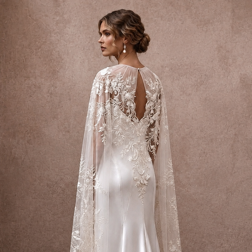 Romantic Ivory Embroidered Tulle Cape & Slip for Vow Renewal