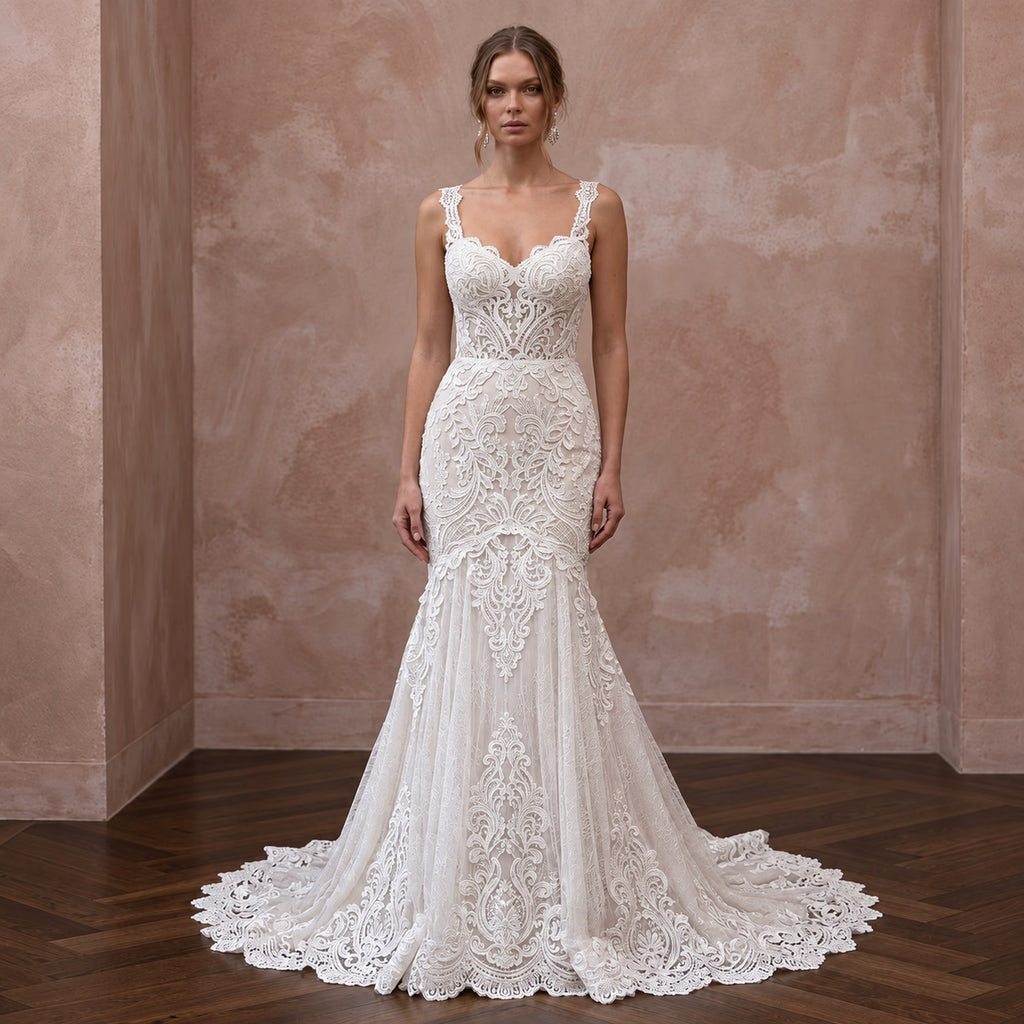 Romantic Ivory Guipure Lace Sweetheart Neckline Fit - and - Flare Dress - Apparel & Accessories > Clothing > Wedding & Bridal Party Dresses > Wedding Dresses - Mignonette Bridal