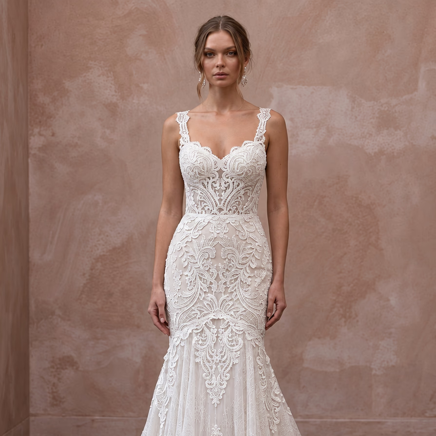 Romantic Ivory Guipure Lace Sweetheart Neckline Fit - and - Flare Dress - Apparel & Accessories > Clothing > Wedding & Bridal Party Dresses > Wedding Dresses - Mignonette Bridal