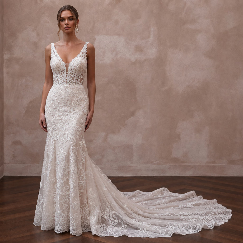 Romantic Ivory Lace Fit - and - Flare Wedding Dress for Intimate Vow Renewal - Apparel & Accessories > Clothing > Wedding & Bridal Party Dresses > Wedding Dresses - Mignonette Bridal