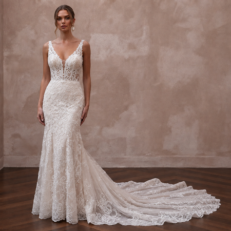 Romantic Ivory Lace Fit-and-Flare Wedding Dress for Intimate Vow Renewal