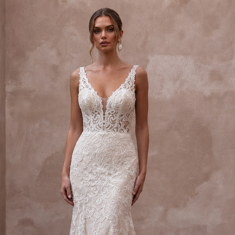 Romantic Ivory Lace Fit-and-Flare Wedding Dress for Intimate Vow Renewal