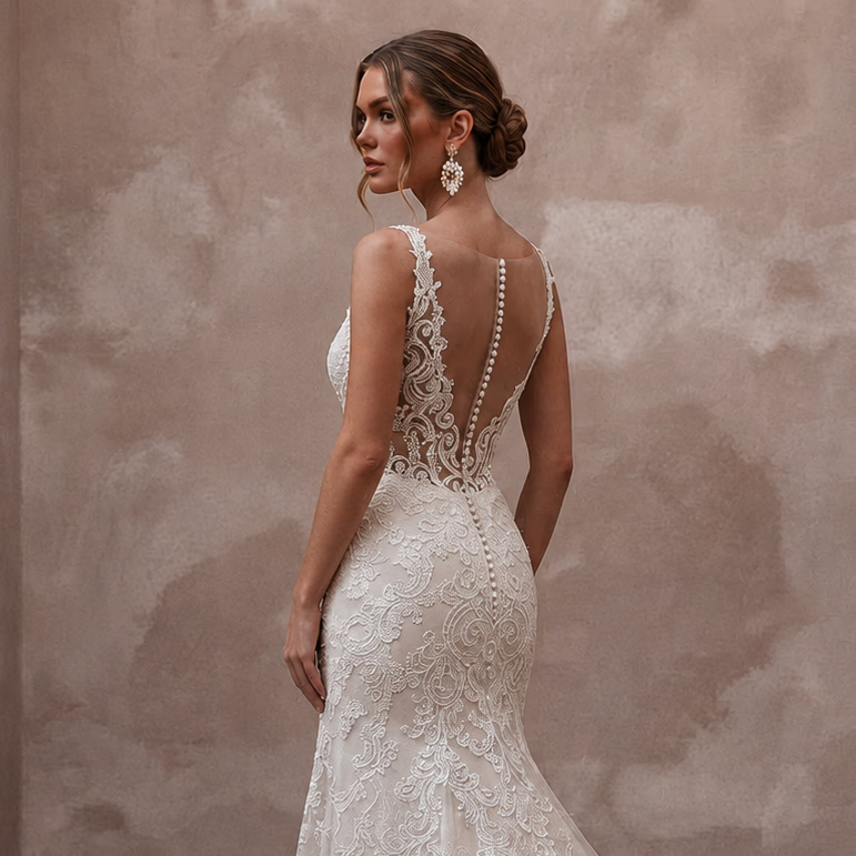 Romantic Ivory Lace Fit - and - Flare Wedding Dress for Intimate Vow Renewal - Apparel & Accessories > Clothing > Wedding & Bridal Party Dresses > Wedding Dresses - Mignonette Bridal