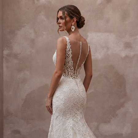 Romantic Ivory Lace Fit - and - Flare Wedding Dress for Intimate Vow Renewal - Apparel & Accessories > Clothing > Wedding & Bridal Party Dresses > Wedding Dresses - Mignonette Bridal