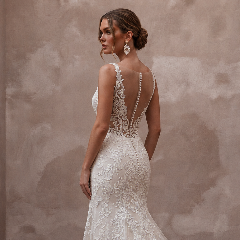Romantic Ivory Lace Fit-and-Flare Wedding Dress for Intimate Vow Renewal