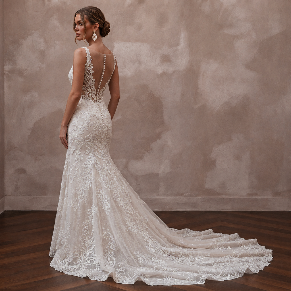 Romantic Ivory Lace Fit-and-Flare Wedding Dress for Intimate Vow Renewal