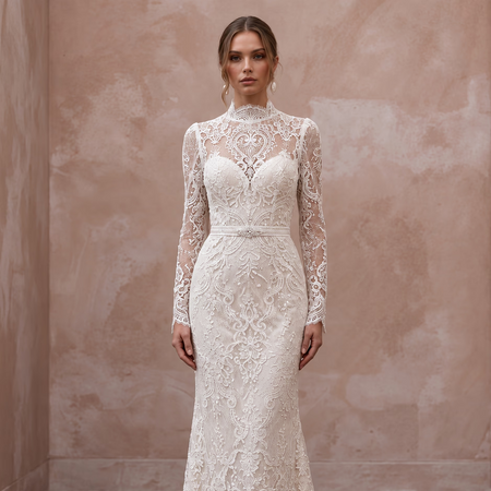 Romantic Ivory Lace Long Sleeve Sheath Wedding Dress for Winter Rehearsal
