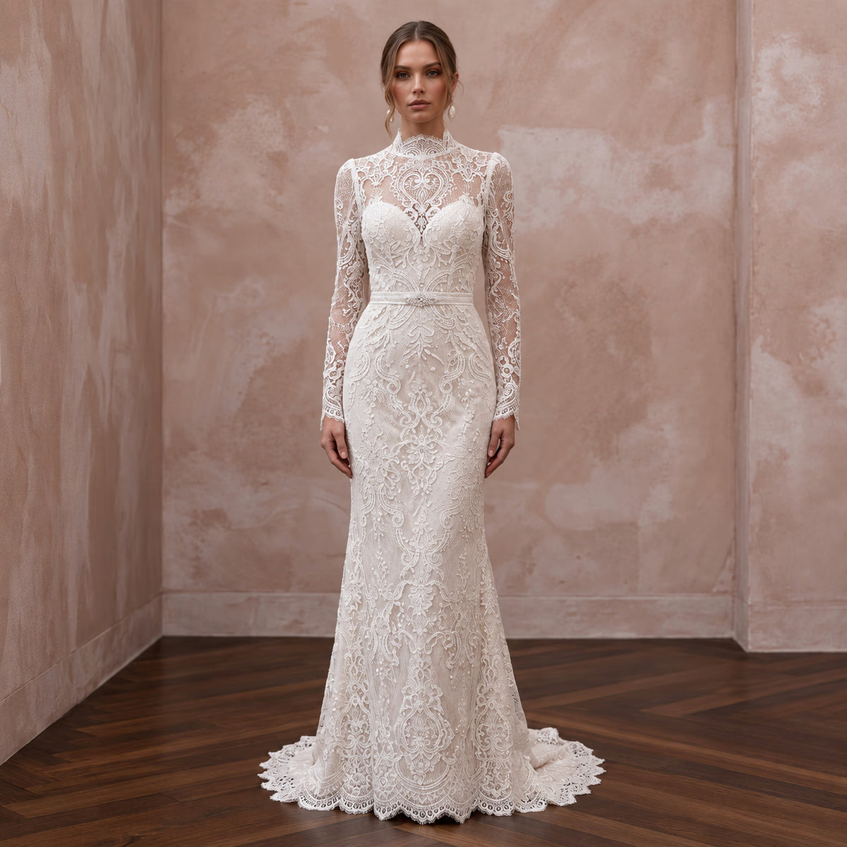 Romantic Ivory Lace Long Sleeve Sheath Wedding Dress for Winter Rehearsal