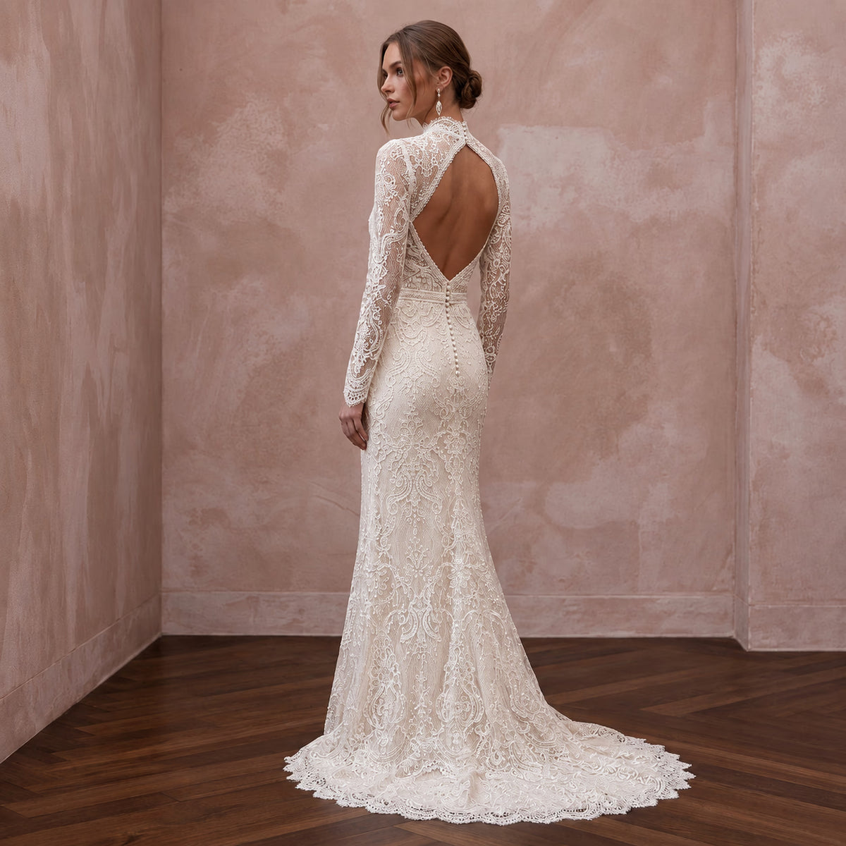 Romantic Ivory Lace Long Sleeve Sheath Wedding Dress for Winter Rehearsal