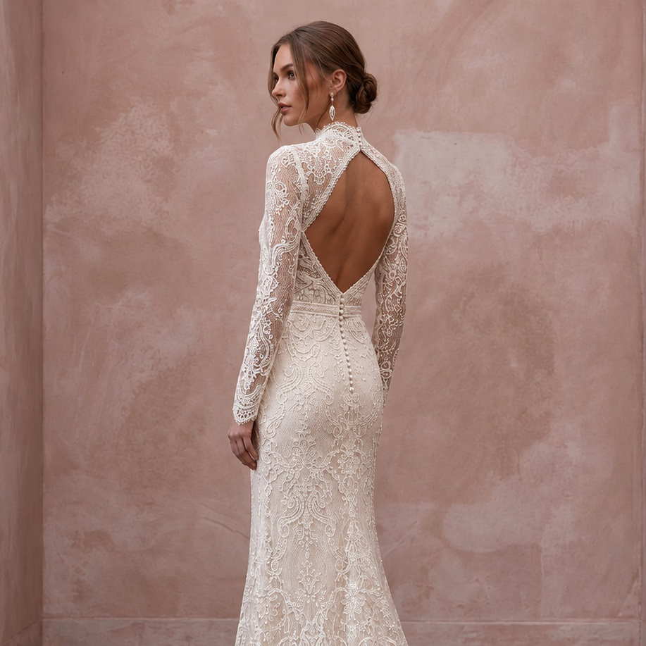Romantic Ivory Lace Long Sleeve Sheath Wedding Dress for Winter Rehearsal
