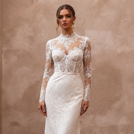 Romantic Ivory Lace Long Sleeve Sheath for Winter Rehearsal