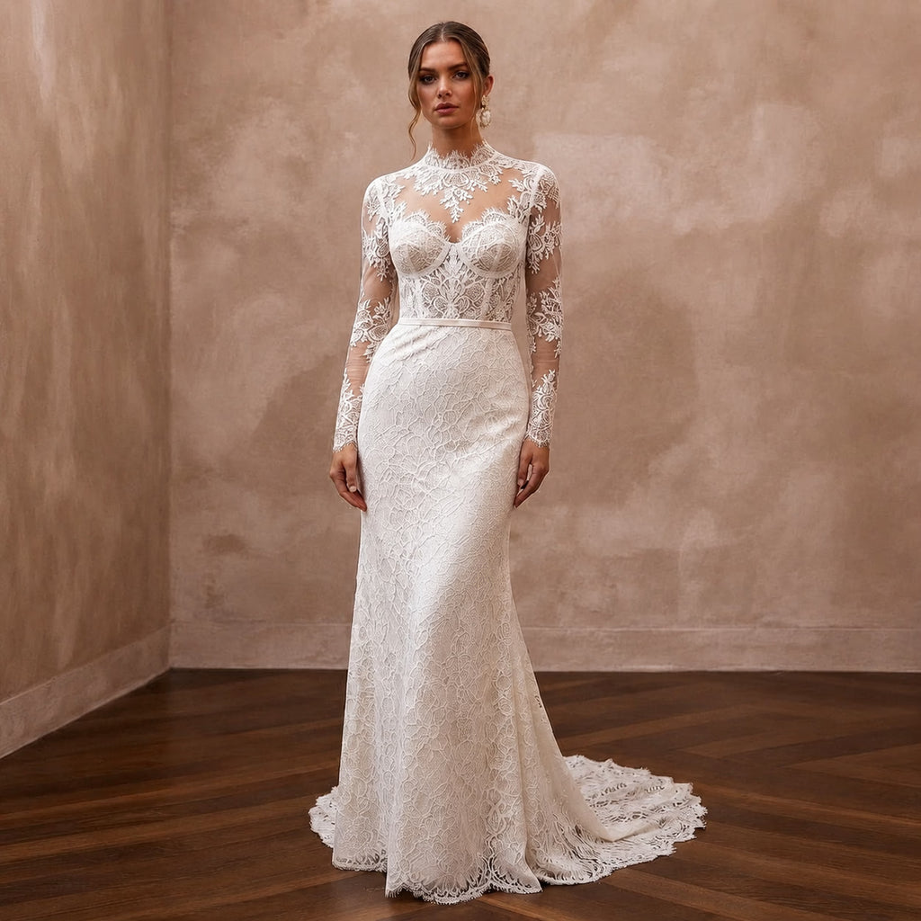 Romantic Ivory Lace Long Sleeve Sheath for Winter Rehearsal - Apparel & Accessories > Clothing > Wedding & Bridal Party Dresses > Wedding Dresses - Mignonette Bridal