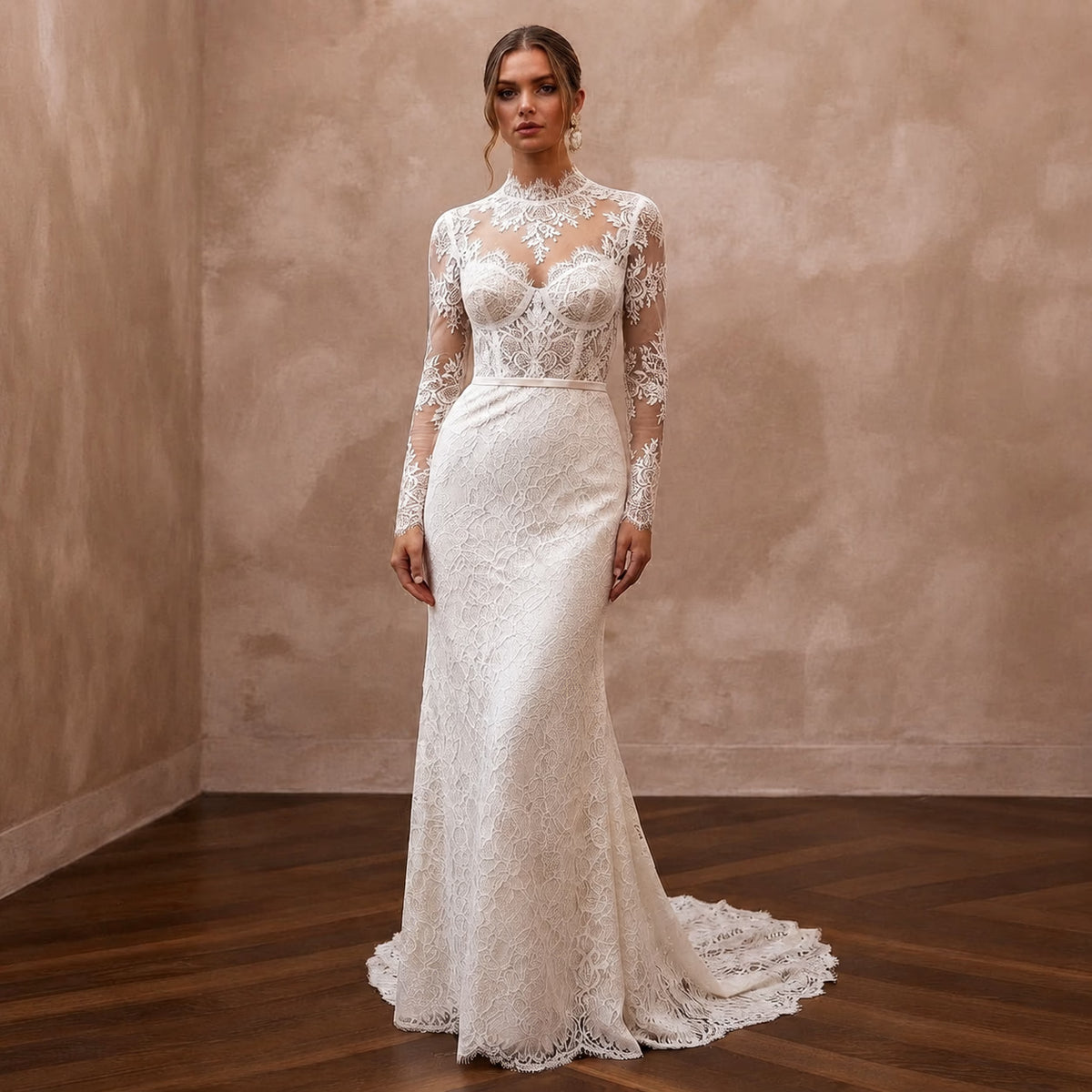 Romantic Ivory Lace Long Sleeve Sheath for Winter Rehearsal - Apparel & Accessories > Clothing > Wedding & Bridal Party Dresses > Wedding Dresses - Mignonette Bridal