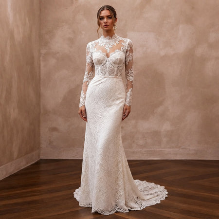 Romantic Ivory Lace Long Sleeve Sheath for Winter Rehearsal - Apparel & Accessories > Clothing > Wedding & Bridal Party Dresses > Wedding Dresses - Mignonette Bridal