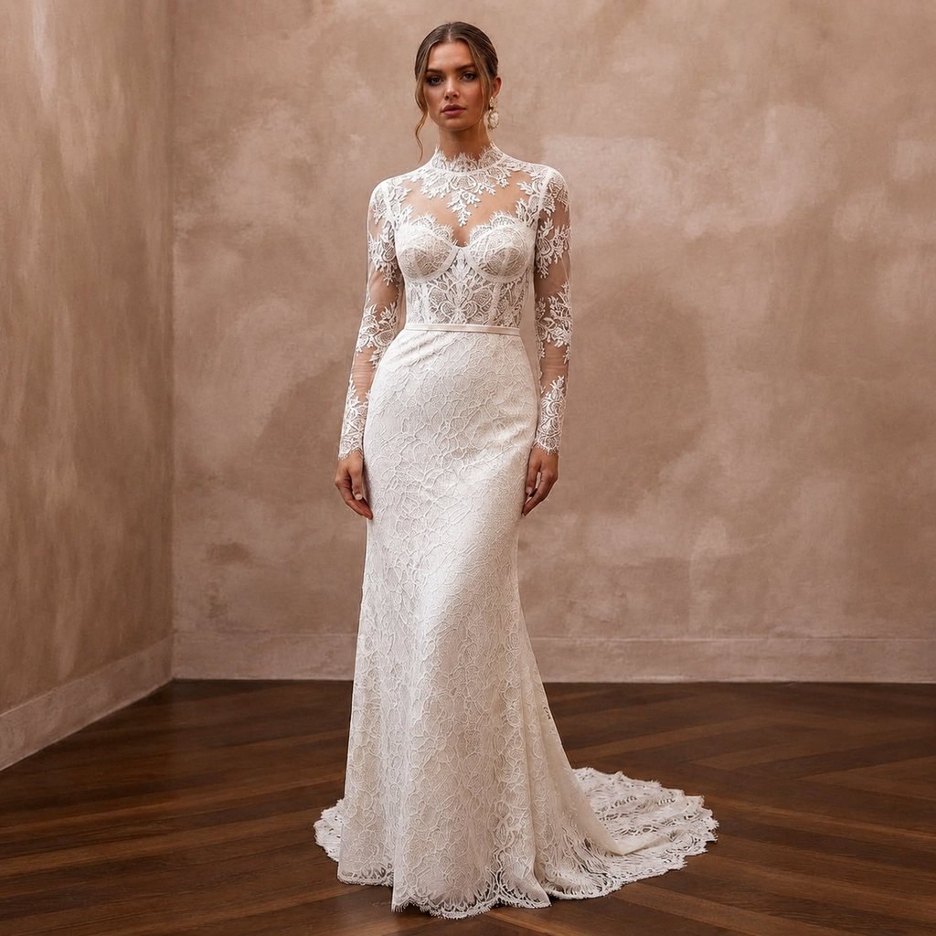 Romantic Ivory Lace Long Sleeve Sheath for Winter Rehearsal
