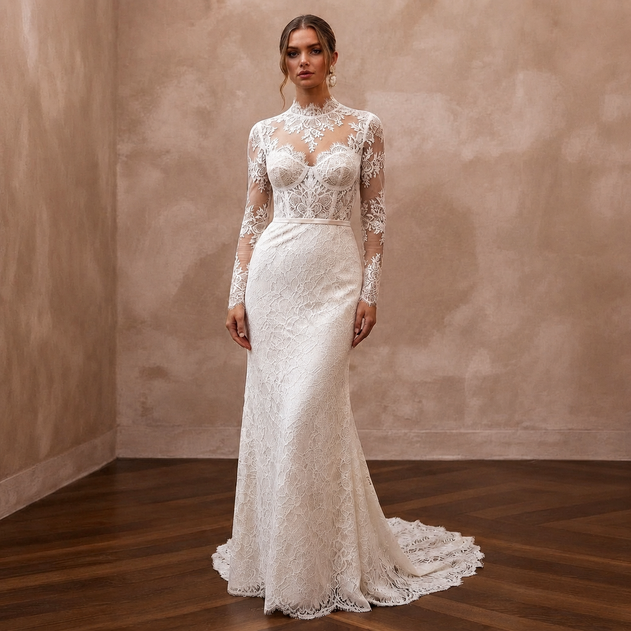 Romantic Ivory Lace Long Sleeve Sheath for Winter Rehearsal