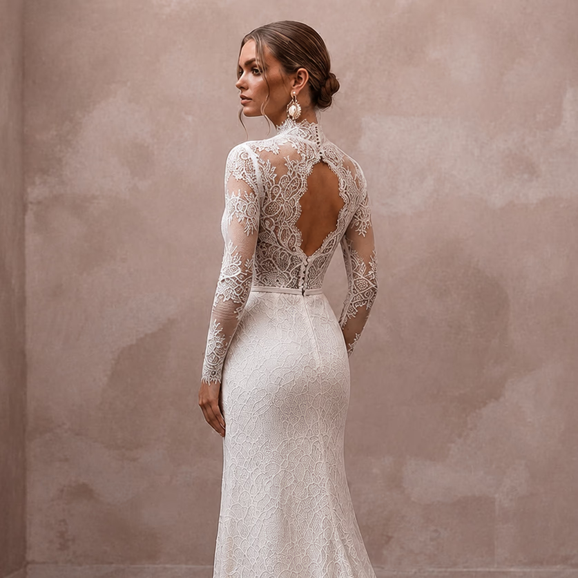 Romantic Ivory Lace Long Sleeve Sheath for Winter Rehearsal - Apparel & Accessories > Clothing > Wedding & Bridal Party Dresses > Wedding Dresses - Mignonette Bridal