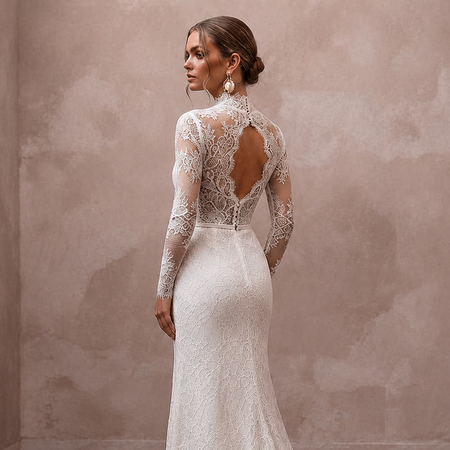 Romantic Ivory Lace Long Sleeve Sheath for Winter Rehearsal - Apparel & Accessories > Clothing > Wedding & Bridal Party Dresses > Wedding Dresses - Mignonette Bridal