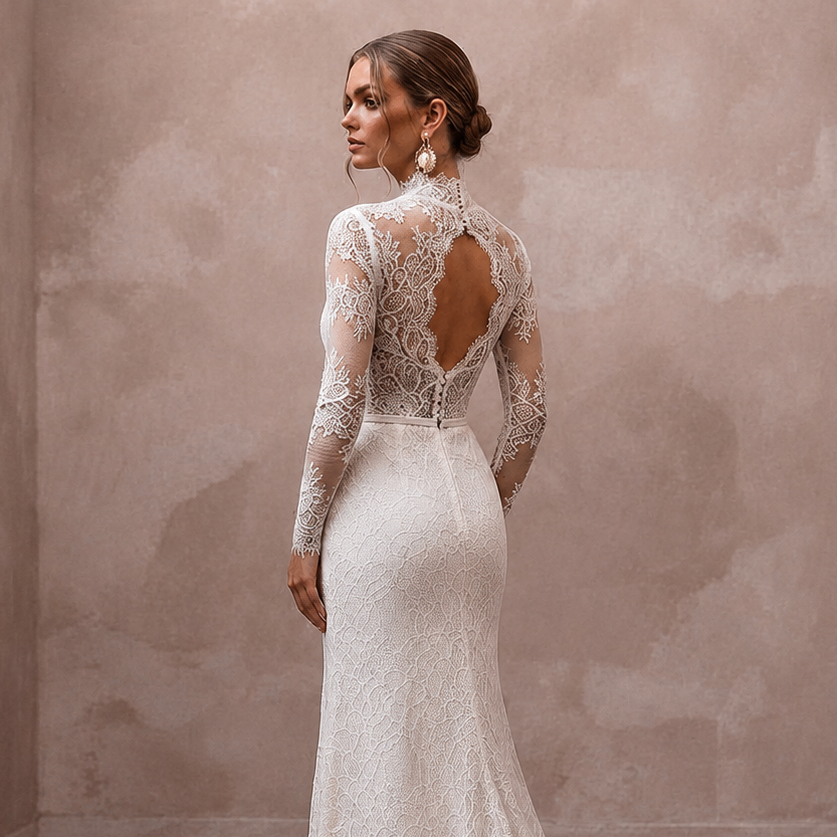 Romantic Ivory Lace Long Sleeve Sheath for Winter Rehearsal