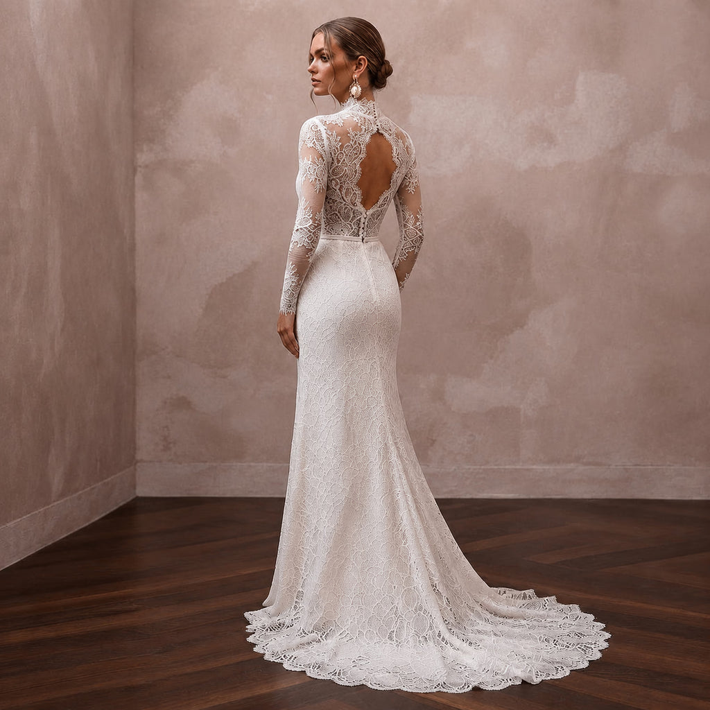 Romantic Ivory Lace Long Sleeve Sheath for Winter Rehearsal - Apparel & Accessories > Clothing > Wedding & Bridal Party Dresses > Wedding Dresses - Mignonette Bridal