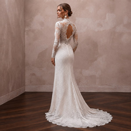 Romantic Ivory Lace Long Sleeve Sheath for Winter Rehearsal - Apparel & Accessories > Clothing > Wedding & Bridal Party Dresses > Wedding Dresses - Mignonette Bridal