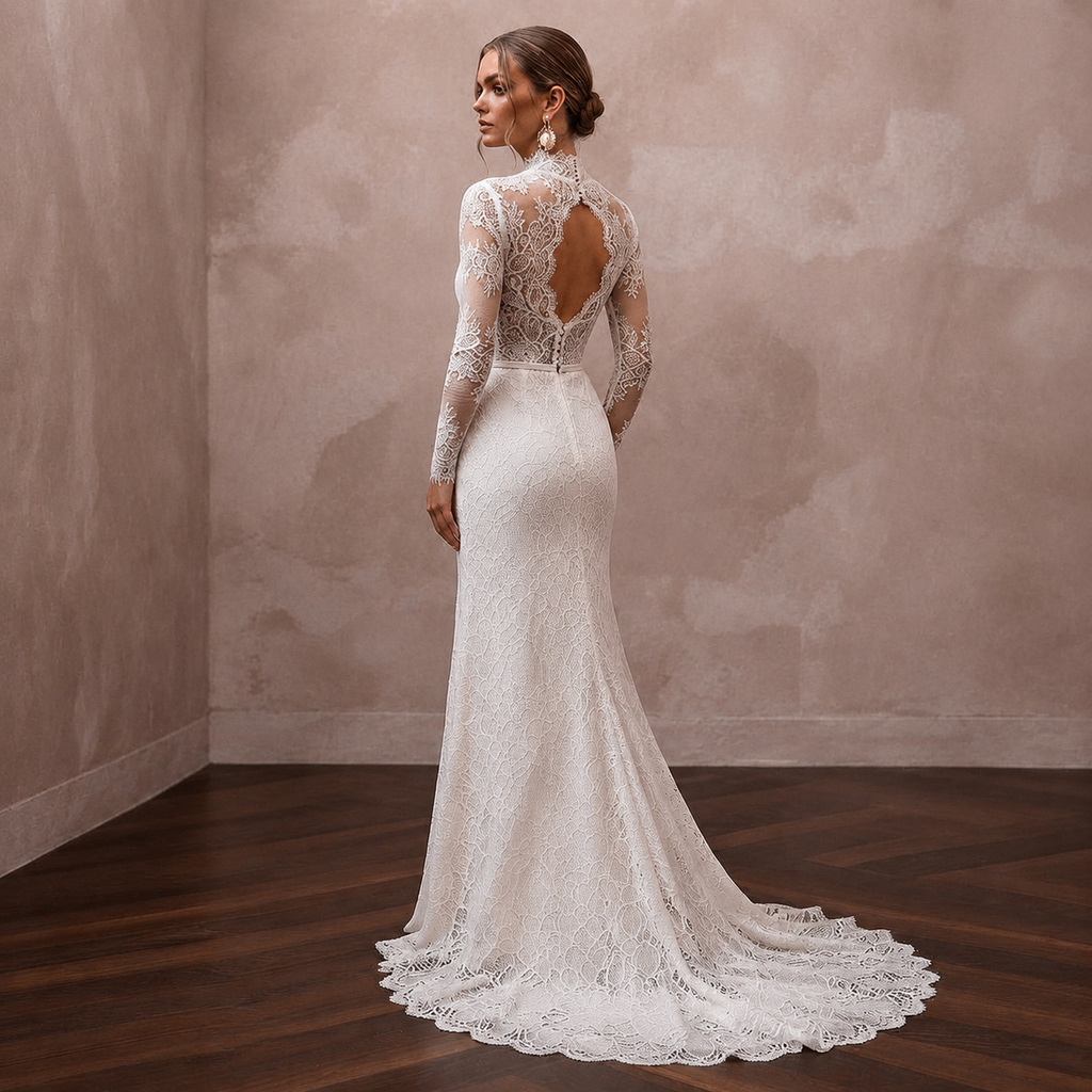 Romantic Ivory Lace Long Sleeve Sheath for Winter Rehearsal