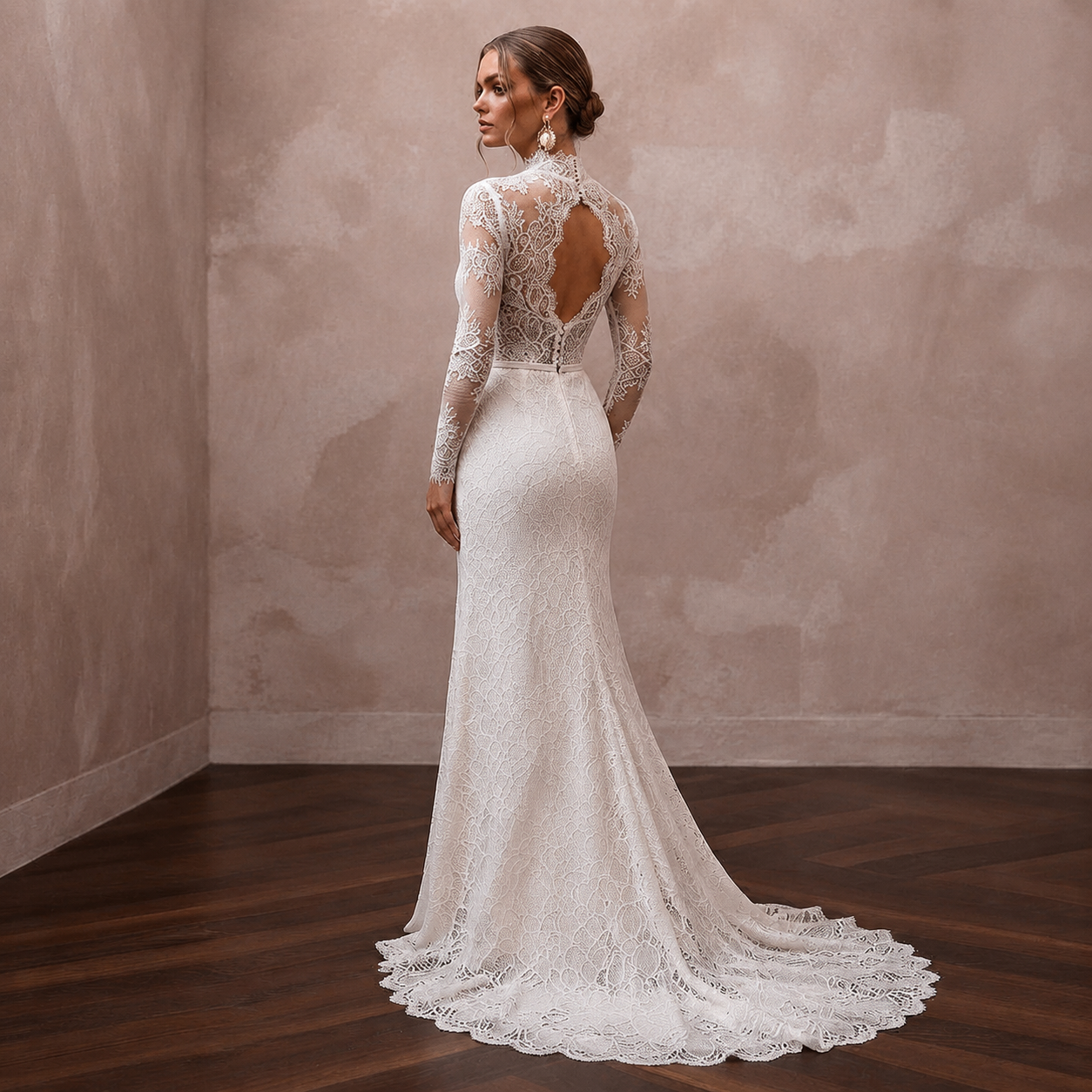 Romantic Ivory Lace Long Sleeve Sheath for Winter Rehearsal