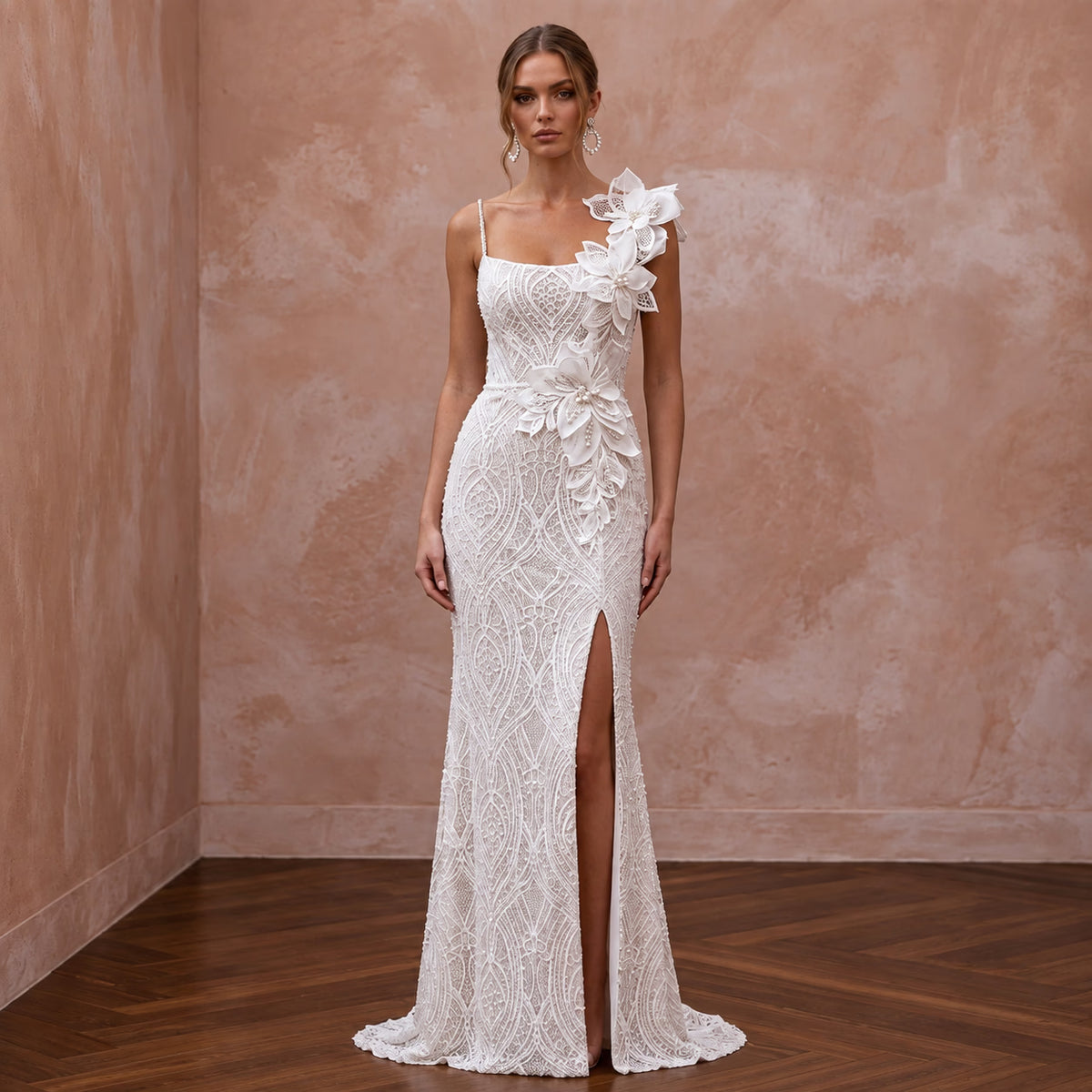Romantic Ivory Lace Sheath Bridal Dress for Post - Elopement Celebration - Apparel & Accessories > Clothing > Wedding & Bridal Party Dresses > Wedding Dresses - Mignonette Bridal Main image