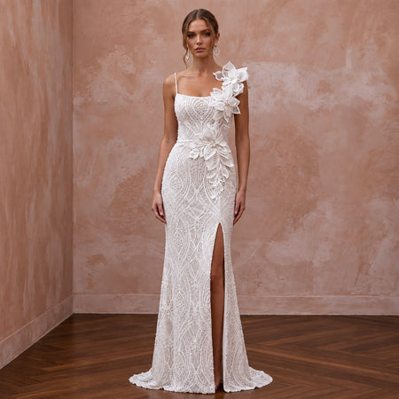 Romantic Ivory Lace Sheath Bridal Dress for Post-Elopement Celebration