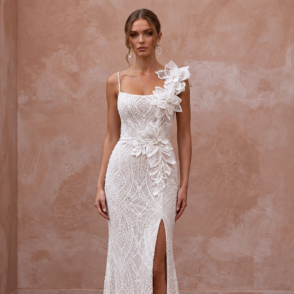 Romantic Ivory Lace Sheath Bridal Dress for Post-Elopement Celebration