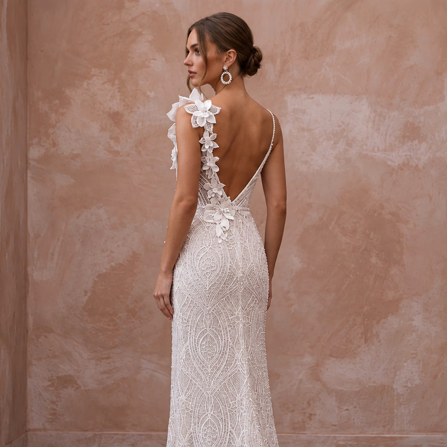 Romantic Ivory Lace Sheath Bridal Dress for Post-Elopement Celebration