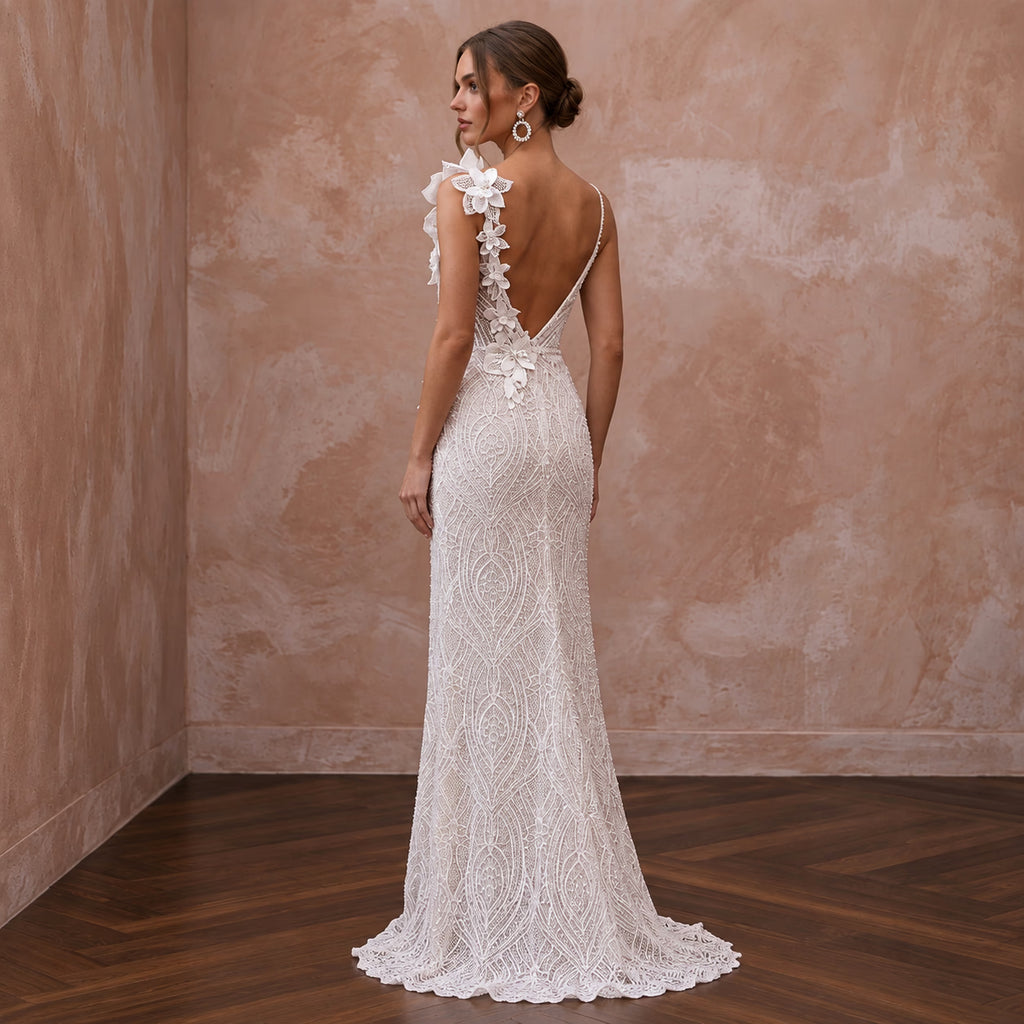 Romantic Ivory Lace Sheath Bridal Dress for Post-Elopement Celebration