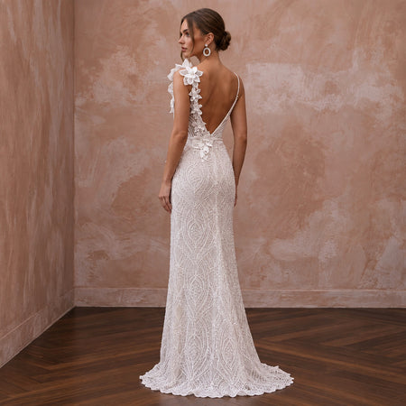 Romantic Ivory Lace Sheath Bridal Dress for Post-Elopement Celebration
