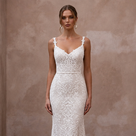 Romantic Ivory Lace Sheath for Post-Elopement Celebration