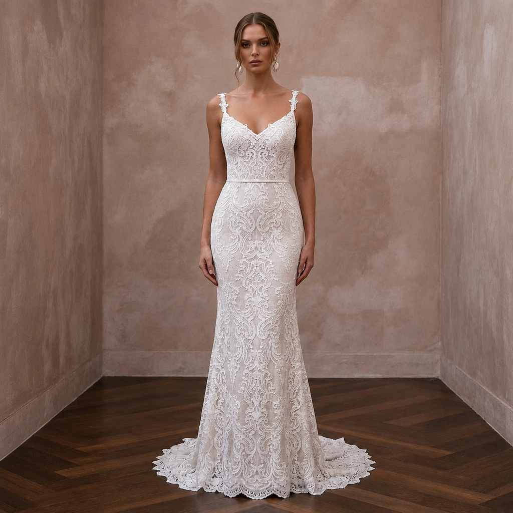 Romantic Ivory Lace Sheath for Post-Elopement Celebration