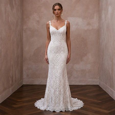 Romantic Ivory Lace Sheath for Post-Elopement Celebration