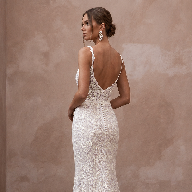Romantic Ivory Lace Sheath for Post-Elopement Celebration