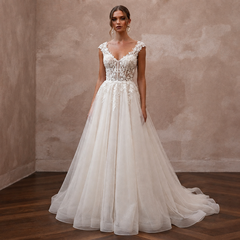 Romantic Ivory Tulle Ball Gown Bridal Dress for Courthouse Wedding