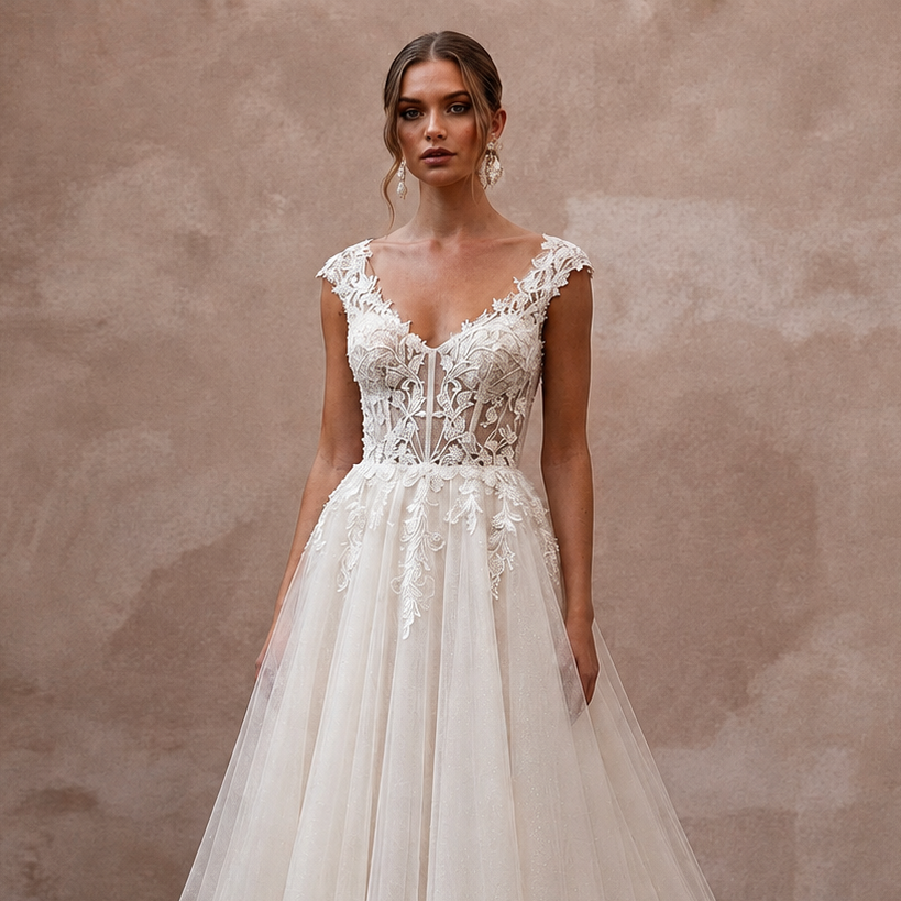 Romantic Ivory Tulle Ball Gown Bridal Dress for Courthouse Wedding