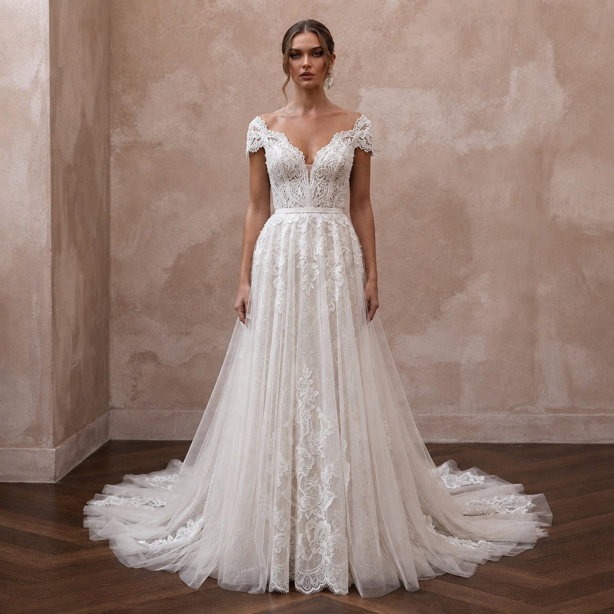 Romantic Lace A - Line Wedding Dress with V - Neck - Apparel & Accessories > Clothing > Wedding & Bridal Party Dresses > Wedding Dresses - Mignonette Bridal Main image