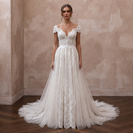 Romantic Lace A - Line Wedding Dress with V - Neck - Apparel & Accessories > Clothing > Wedding & Bridal Party Dresses > Wedding Dresses - Mignonette Bridal