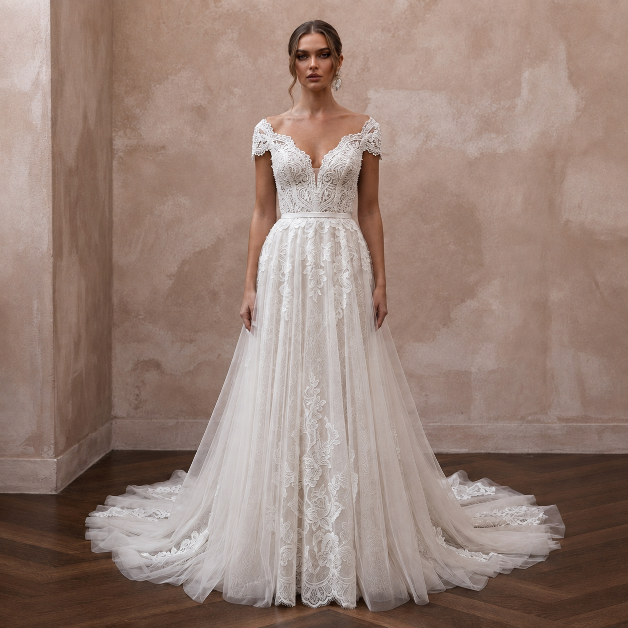 Romantic Lace A-Line Wedding Dress with V-Neck
