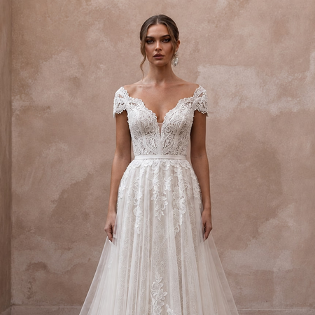 Romantic Lace A - Line Wedding Dress with V - Neck - Apparel & Accessories > Clothing > Wedding & Bridal Party Dresses > Wedding Dresses - Mignonette Bridal