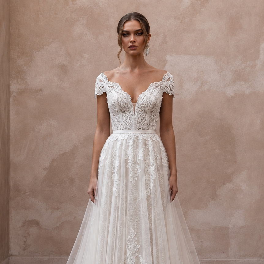 Romantic Lace A-Line Wedding Dress with V-Neck