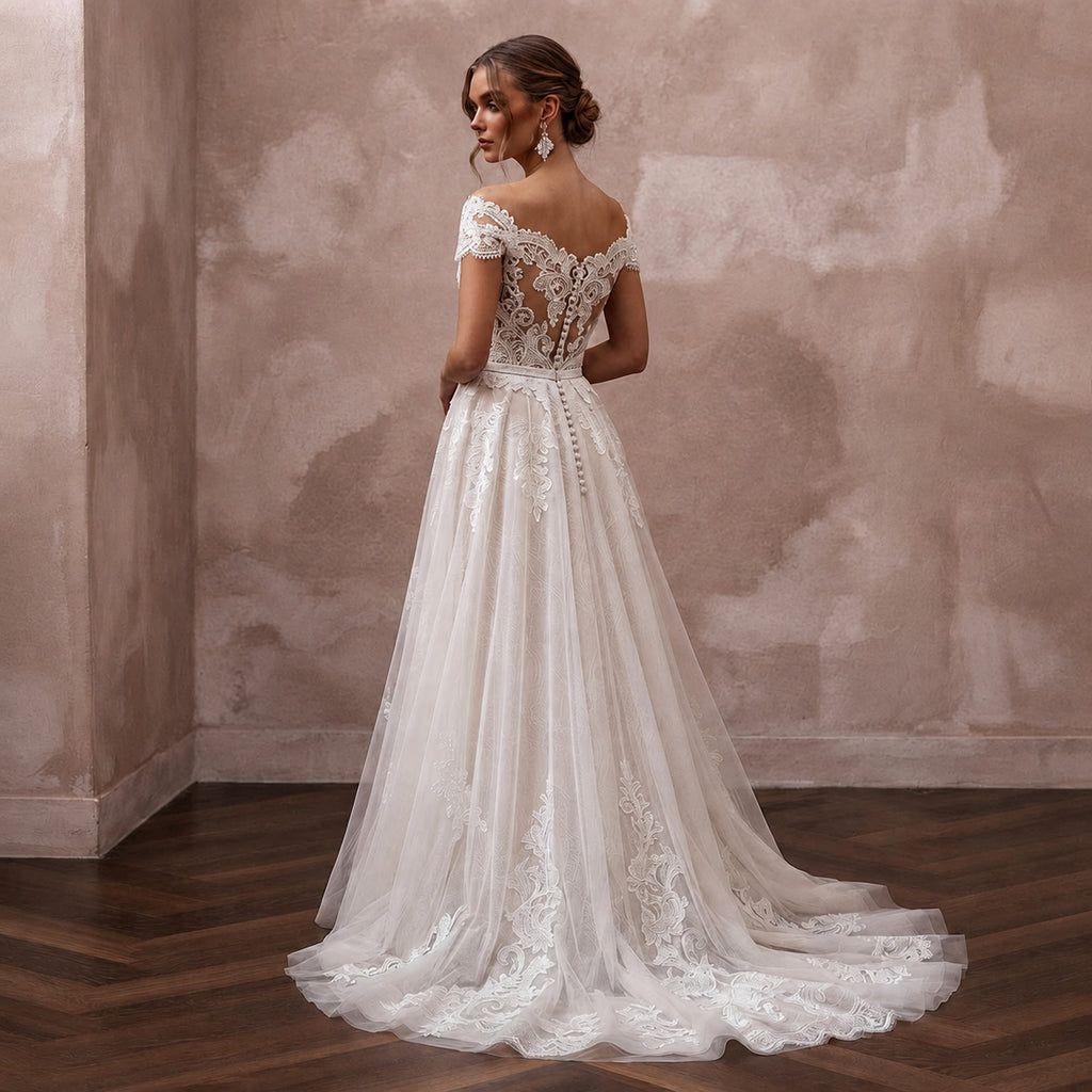 Romantic Lace A - Line Wedding Dress with V - Neck - Apparel & Accessories > Clothing > Wedding & Bridal Party Dresses > Wedding Dresses - Mignonette Bridal